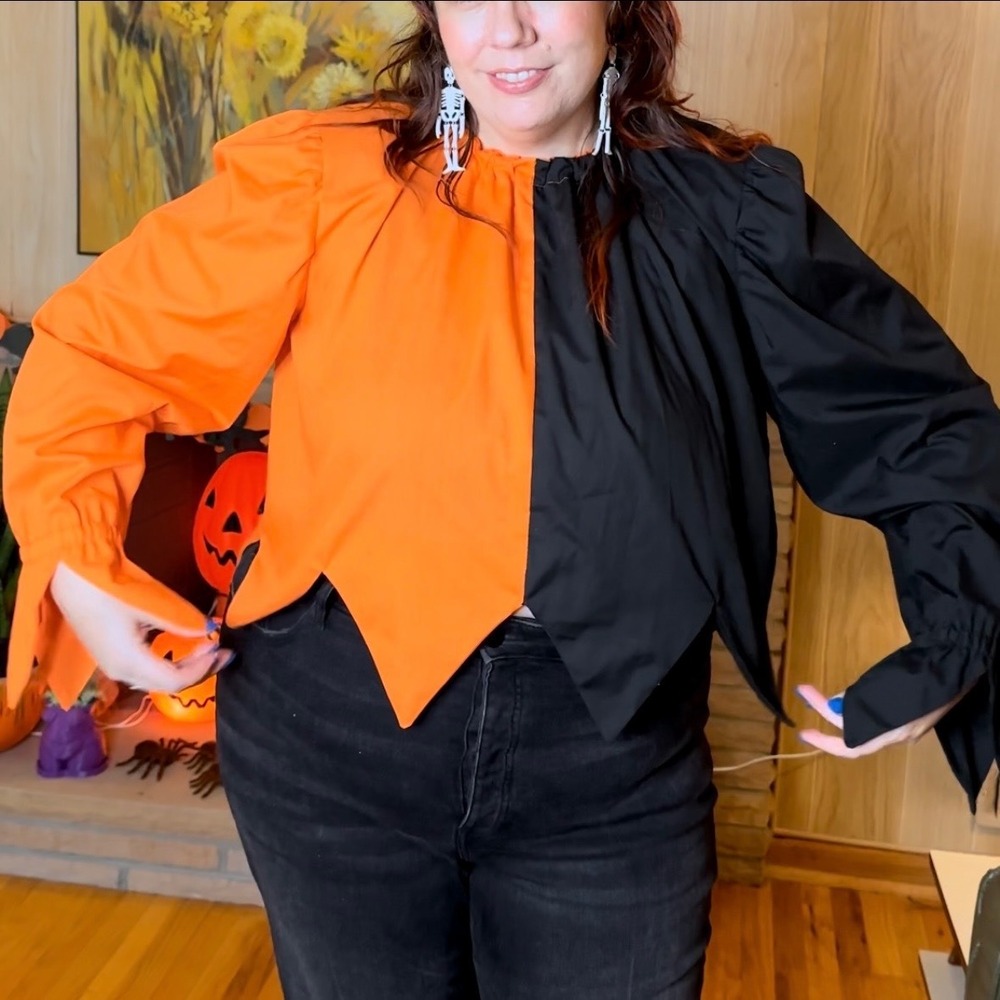 Vintage Handmade Avant Garde Jester Top 2X Orange Black Halloween Art Whimsical